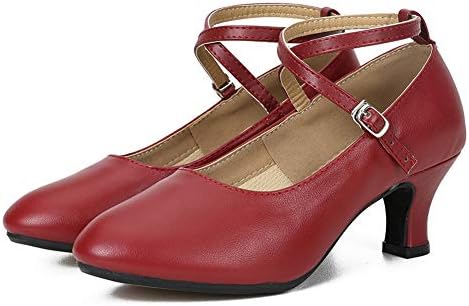 QQLONG/ Кожени обувки за латино танци балната зала със затворени пръсти, дамски обувки-лодка за танго, DYZPHRD (Цвят: червен 7 см, Замшевая подметка-zp, Размер: 5)