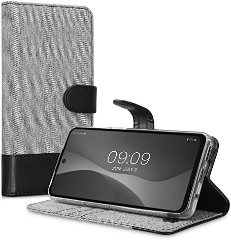 чанта-портфейл kwmobile е Съвместим с Motorola Moto E32 / Moto E32s - Калъф от плат или изкуствена кожа с панти капак за телефон - Сив / Черен