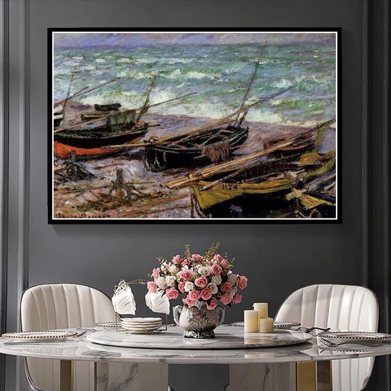 Рибарски лодки на брега на морето и Скалите Пурвилля Картина на Клод Моне Комплекти за Рисуване с Диаманти за Възрастни Diamond Изкуство 5D Боя с Диаманти, Комплект за р