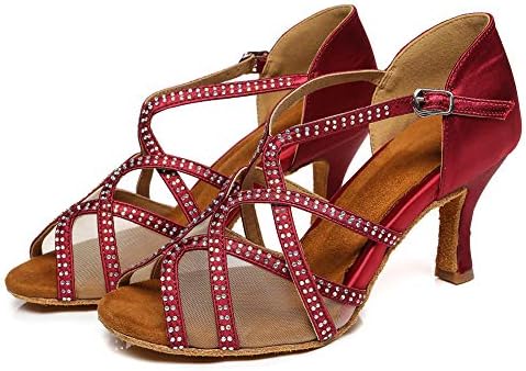 QQLONG/ Дамски обувки за танци балната зала с пайети, обувки за латино танци, сатенени обувки за Салса, танцови обувки за сватбени партита, YCL441 (Цвят: Червено вино, ток 7,5