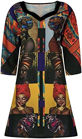 Модно Африкански Рокля, Реколта Рокли С Принтом За Жени, На Средния Ръкав, V-Образно Деколте, Ежедневното Свободно