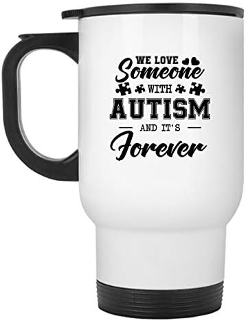 Обичам човек С Аутизъм, Пътна Чаша, Стоманена Кафеена Чаша (Бяла чаша)