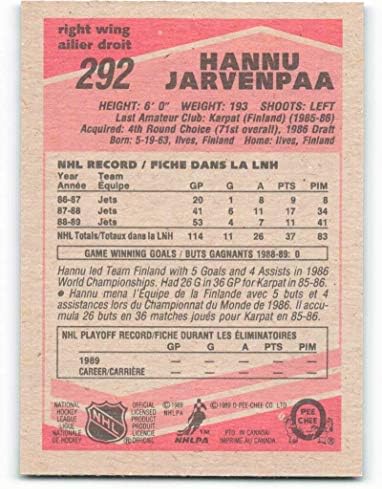 1989-90 О-Пи-Джи 292 Ханну Ярвенпаа Уинипег Джетс UER Хокейна карта НХЛ (RC - Карта начинаещ) NM-MT
