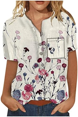 Дамски Блузи на Размера на Плюс С Къс ръкав и V-образно деколте и Копчета, Блузи с Флорални Принтом, Ежедневни