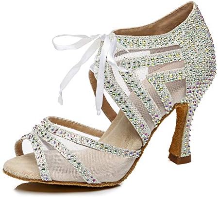 Обувки за латино танци GANG, Женски обувки за танци с кристали, за занимания с танци, изпълнения на живо, вечерни обувки на висок ток, Modelo YCL435 (Цвят: сребърен, ток 9 см-l435,