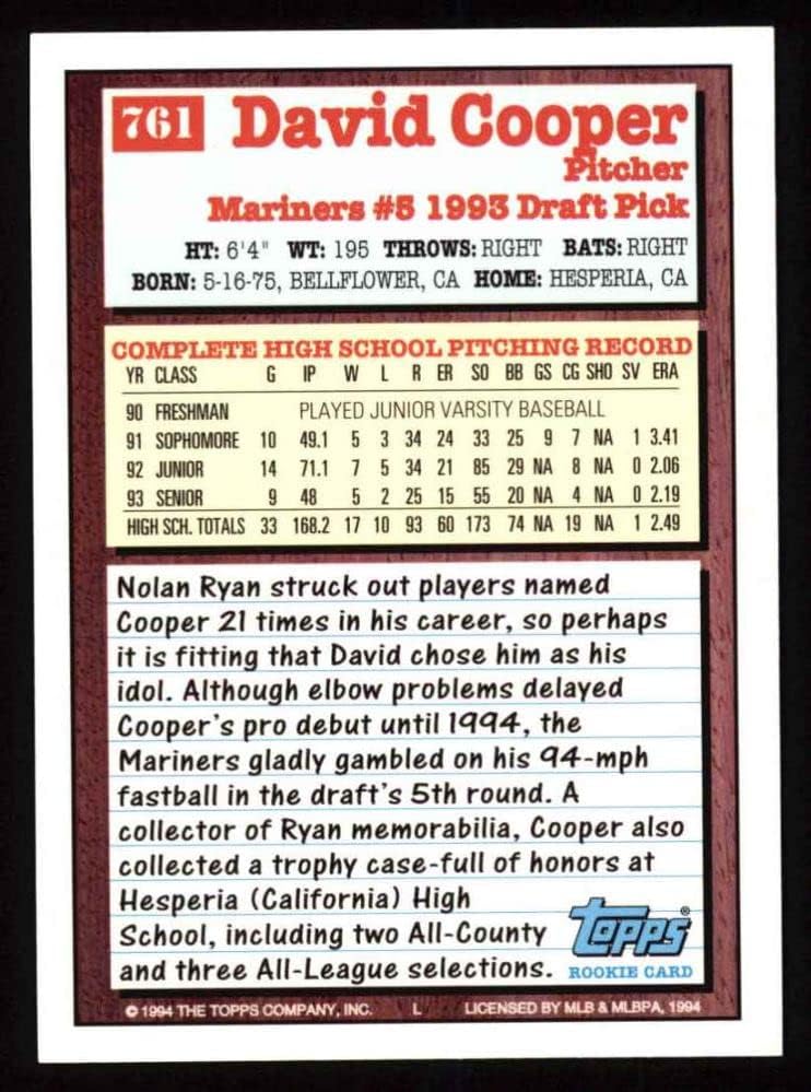 1994 Topps # 761 Дейвид Купър Сиатъл Маринърс (Бейзболна картичка) NM /MT Моряците