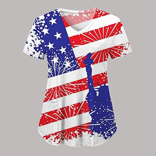 Дамска Блуза на 4 юли с Флага на САЩ, Лятна Тениска с Къс ръкав и V-Образно деколте и 2 Джобове, Блузи, Празнична
