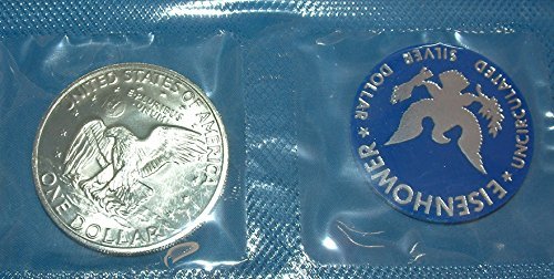 Сребърен долар Eisenhower Blue Pack 1972 година на издаване, без да се прибягва, Оригиналната опаковка, 1 долар на САЩ, Блестящ монетен двор на САЩ, без да се прибягва