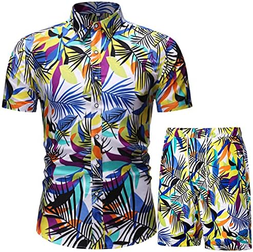 Мъжки Ризи с Къс Ръкав, Комплект Шорти, Модни Копчета С Ревери, Ежедневни Плажна Блуза С Цветен Модел, Блузи,