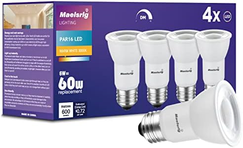 - Вградени прожектор Maelsrlg LED PAR16 с дълго гърло, 6 W (еквивалент на 60 W), с регулируема яркост, 600 Лумена
