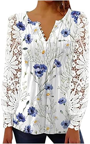 Дамски Елегантни Блузи, Светеща Тениска С Флорални Принтом, Тениски С V-образно деколте и Рюшами Копчета, Дантелени