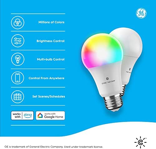 Умни led крушки GE CYNC, променящи цвета, Bluetooth и Wi-Fi интернет, работят с Alexa и Google Home, лампи A19 (2 бр.)