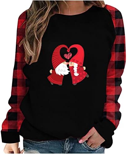 Ризи за Свети Валентин Дамски Блуза Love Heart Графична Тениска С Дълъг Ръкав Срастването Buffalo Кариран Пуловер