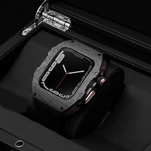Луксозен калъф от въглеродни влакна с каишка, Съвместима с Apple Watch Series 8 7 45 mm / SE 6 5 4 44 мм, Здрав