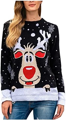 Жена Грозна Коледен Пуловер, Плътна Тел, Риза с кръгло деколте, Свободен Пуловер с Високо Еластична Дълъг Ръкав,