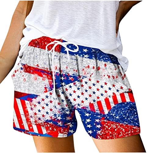 Oplxuo Ежедневни Летни къси Панталони за Жени с Еластична гумена лента На Кръста, на Американския Флаг на Звезди и Ленти, Патриотични Шорти на Деня на Независимостта с