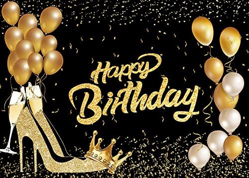 Честит Рожден Ден Украса За Парти Снимки Декори Черен Фон Златен Балон На Висок Ток Снимка за Момичета Рожден Ден Торта Маса Банер 5x3ft