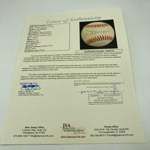 Джо Ди Маджо е подписал Официален договор Американската лига бейзбол JSA COA - Бейзболни топки с Автографи