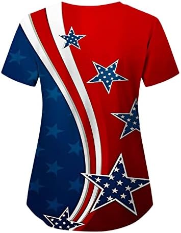 Дамска Блуза на 4 юли с Флага на САЩ, Лятна Тениска с Къс ръкав и V-Образно деколте и 2 Джобове, Забавна Празнична