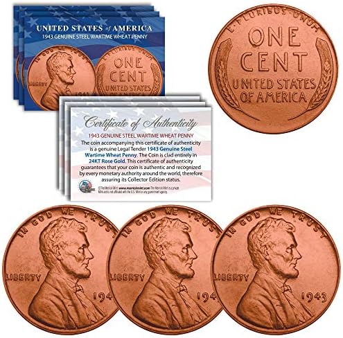 1943 Втората Световна война Стомана Линкълн Пшеница Пени Монета Истински Rose Gold покритие COA - Брой 3