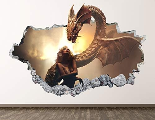 Момичето и Змеят Стикер за стена, Арт Декор на 3D Счупени Митични Същества Стикер Плакат Детска Стая, Стенопис