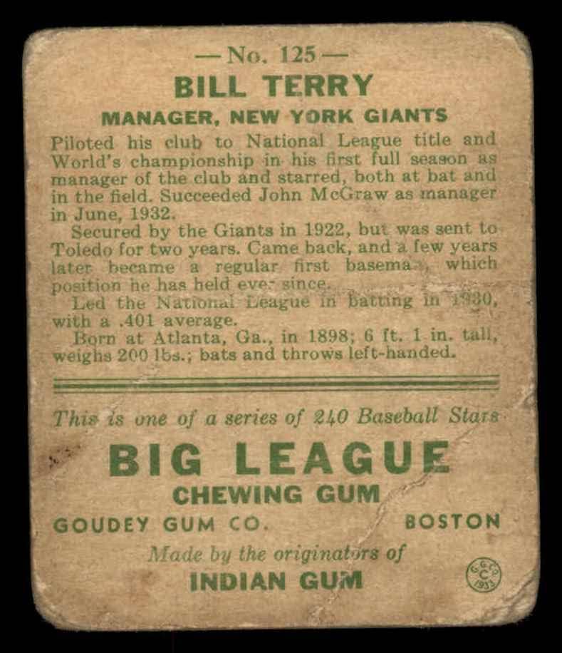 1933 Гуди # 125 Бил Тери Ню Йорк Джайентс (Бейзболна картичка) ЛОШ Джайентс